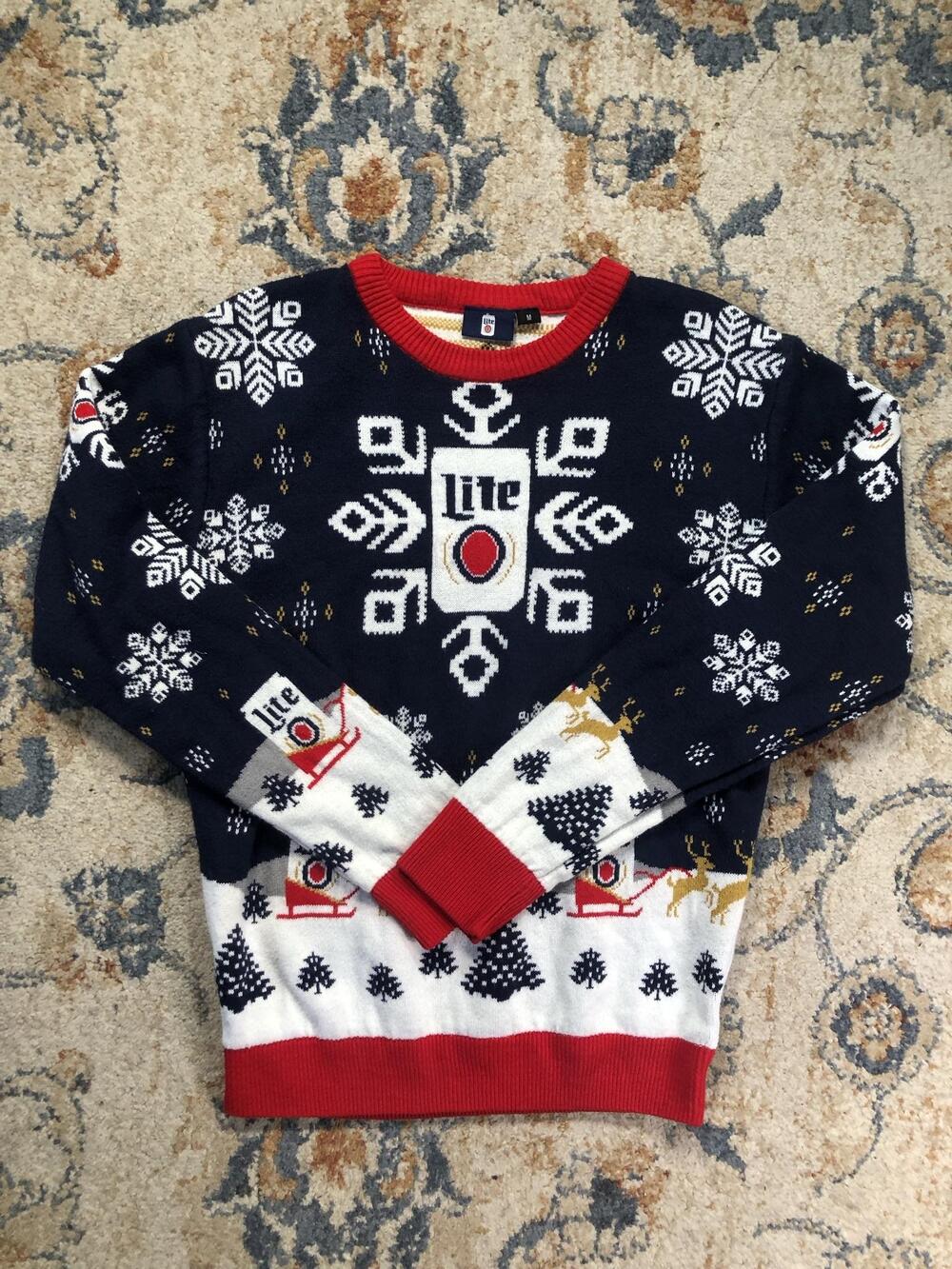 Miller Lite Sweater Mens Medium Blue Christmas Crewneck Knit Pullover Holiday